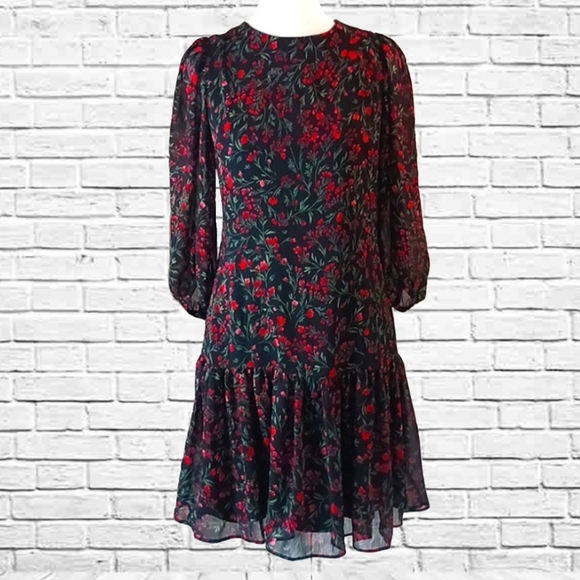 🌲🌹Calvin Klein Black & Red Floral Holiday Christmas Chiffon Dress Size 4 - Picture 2 of 13
